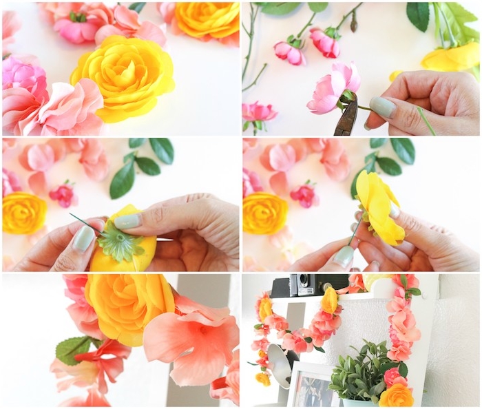 guirlande de fleurs artificielles de fleurs colorées enfilées sur un fil pour décorer une étagère blanche, activité manuelle pour ado