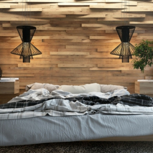 habiller un mur en bois décoration simple et stylée deux chevets flottants lampes sophistiquées