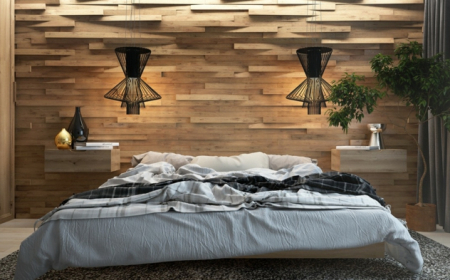 habiller un mur en bois décoration simple et stylée deux chevets flottants lampes sophistiquées