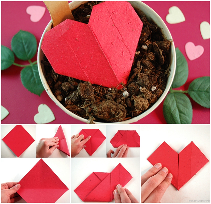 idée pour un bricolage de saint-valentin original, tuto origami facile pour réaliser une boîte à graines en forme de coeur