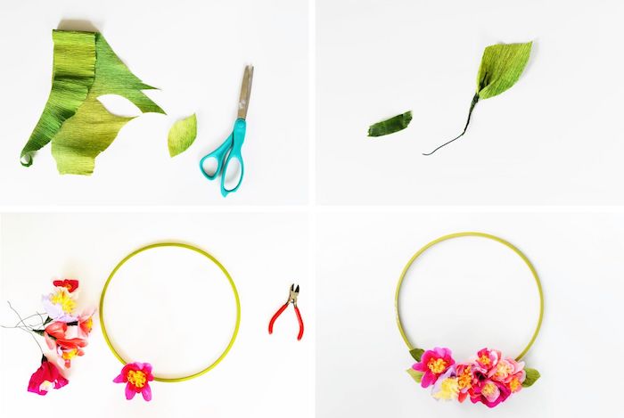 comment faire une couronne de printemps en anneau vert en plastique avec des fleurs accrochées, que faire avec du papier crépon