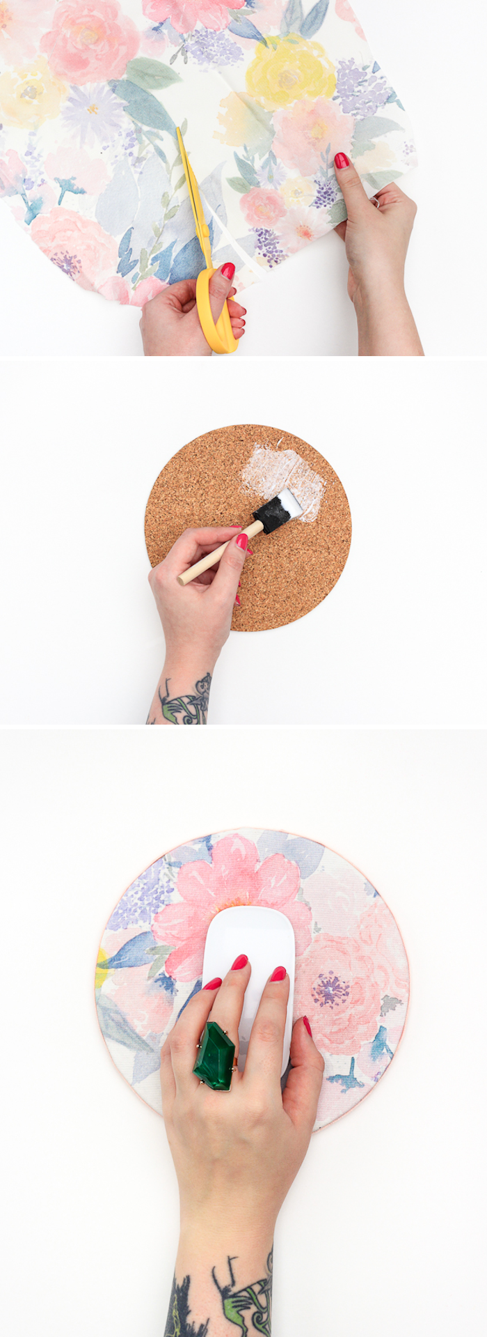 idée d activité manuelle facile et rapide, tapis de souris en dessous de plat en liège décoré de tissu coloré à imprimé floral