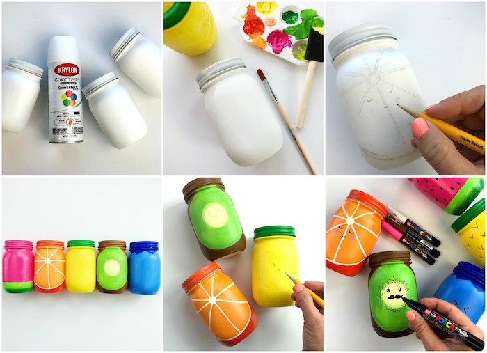 bricolage de printemps facile et rapide, pots à crayons fabriqués à partir de pots en verre customisés à motif fruit