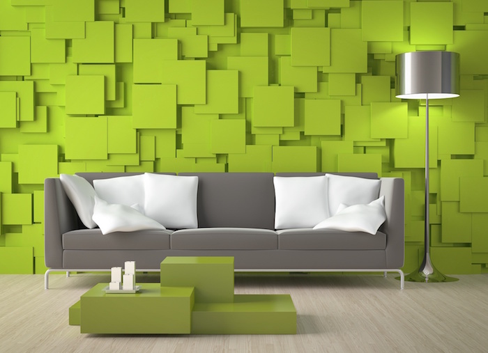 photo de deco murale relief, decoration de mur style cube en 3d, salon vert et gris
