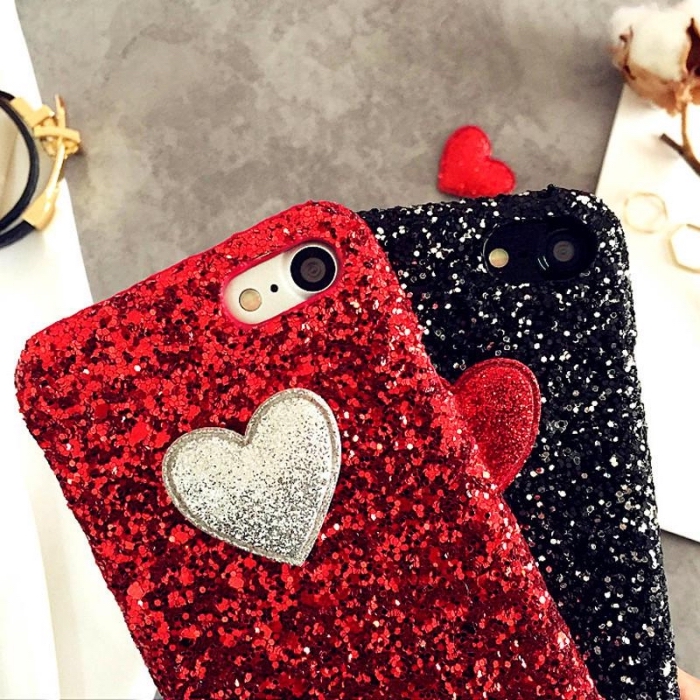 modèle de coque portable personnalisé pour la fête de la Saint Valentin en glitter noir et rouge avec petits coeurs au centre