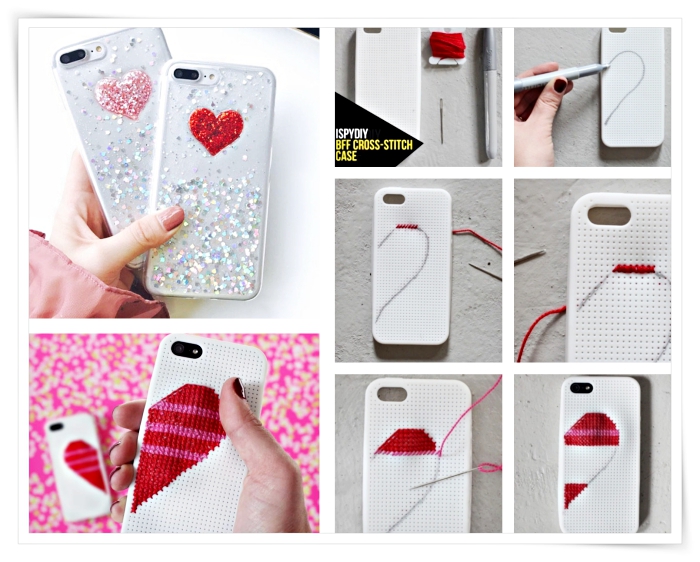 tutoriel avec les étapes à suivre pour faire une décoration originale pour son portable à design amour en coeur blanc et rouge