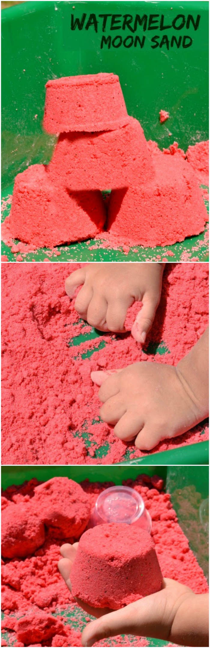 un bac sensoriel avec du sable cinétique fait maison de couleur pastèque, idées d'activités sensorielles pour les vacances d'été