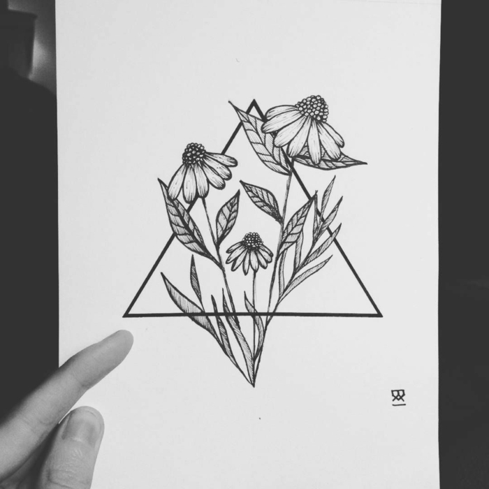 Dessin noir et blanc géométrique triangle avec fleurs dedans dessin geometrique idee dessin pour tatouage