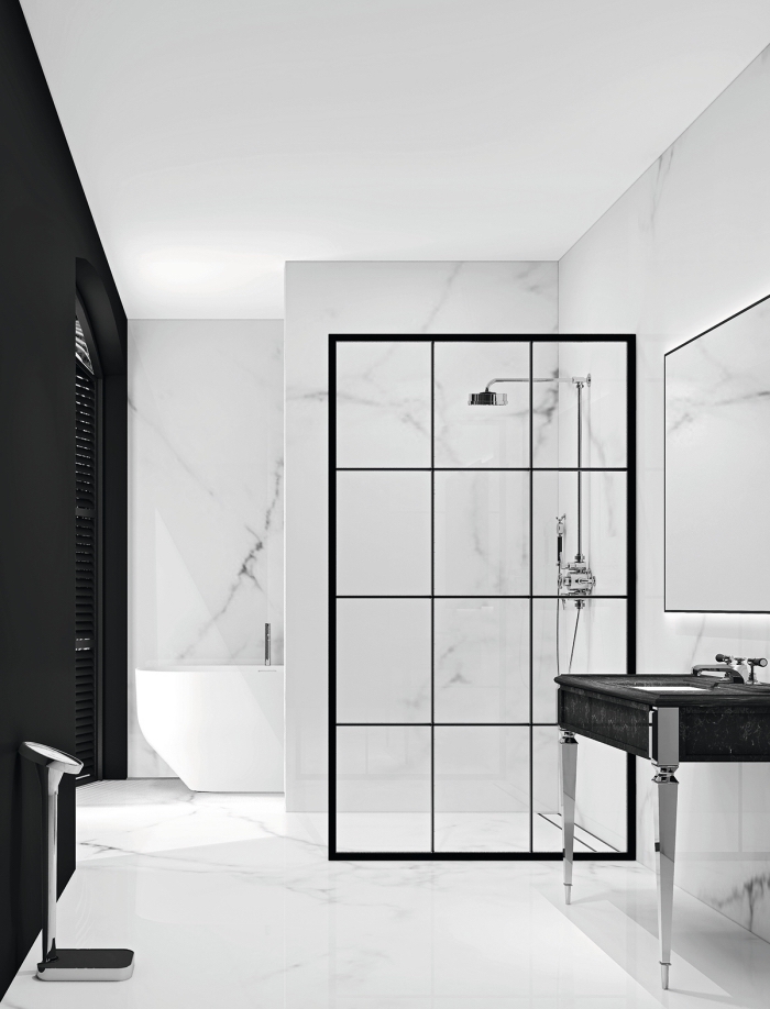 idee salle de bain stylée aux murs à design marbre blanc et pan de mur noir matte avec plancher et plafond blanc