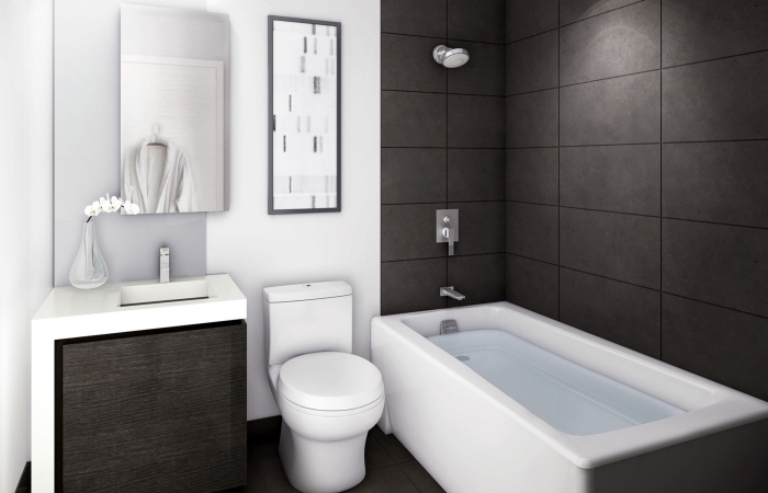idee deco salle de bain stylée en blanc et noir matte, modèle de carrelage mural en noir mate, armoire sous lavabo noir et blanc