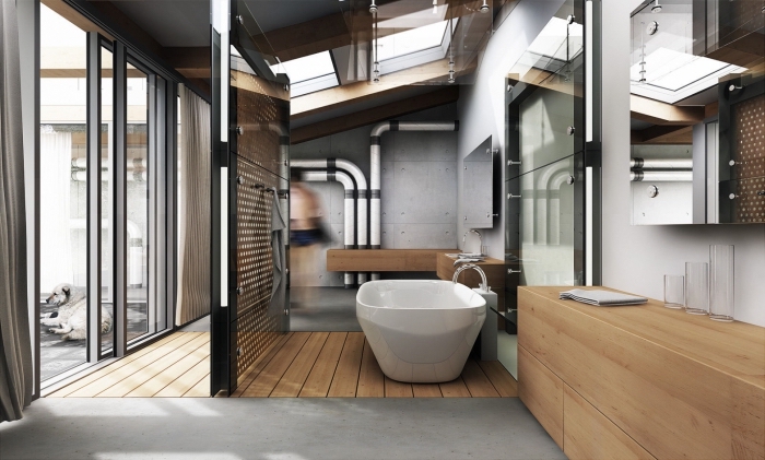 décoration de la salle de bain en bois et verre de style industriel avec tuyaux apparents blanc et noir, paroi séparant en verre et noir