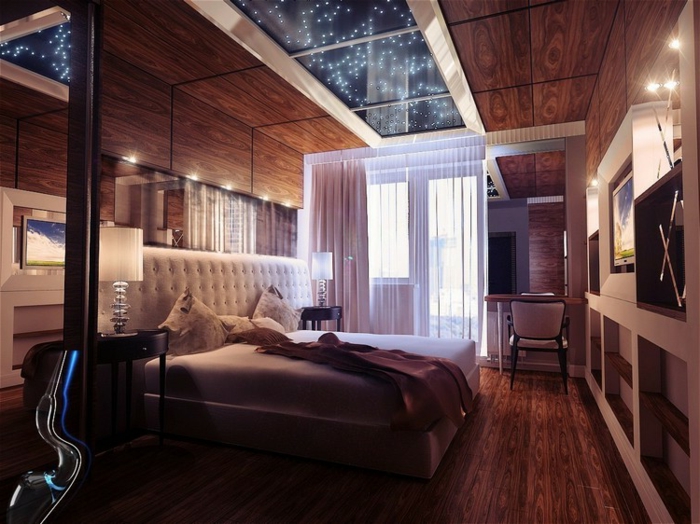 plafond étoilé, sol en bois foncé, poêle scandinave, parement mural bois, intérieur cosy et chic