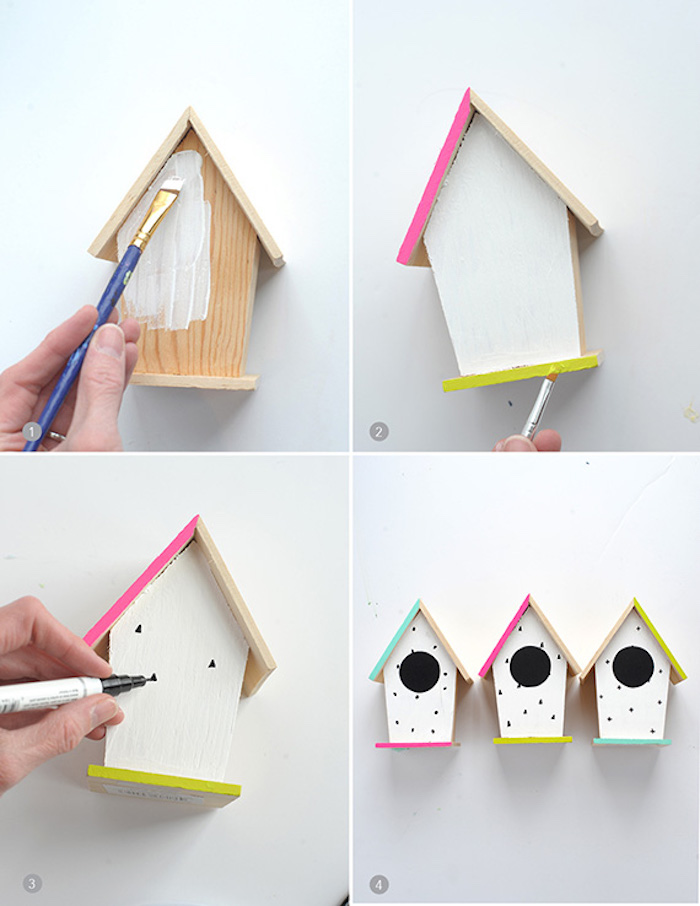 exemple de mangeoire oiseau a faire soi meme en forme de maisonette blanche en bois au toit décoré de couleurs, activite manuel