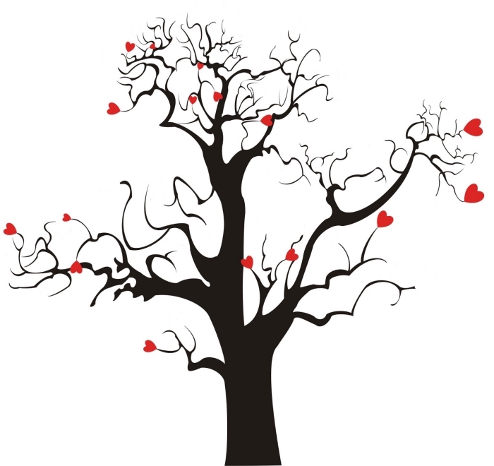 petits coeurs sur les branches d'un arbre sans feuillage à décorer avec les empreintes des invités au mariage