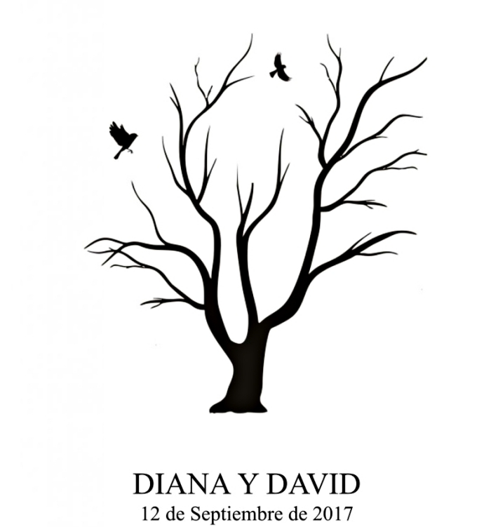 dessin avec arbre et oiseaux volants symbolisant l'amour éternel, souvenir à décorer avec les empreintes des invités