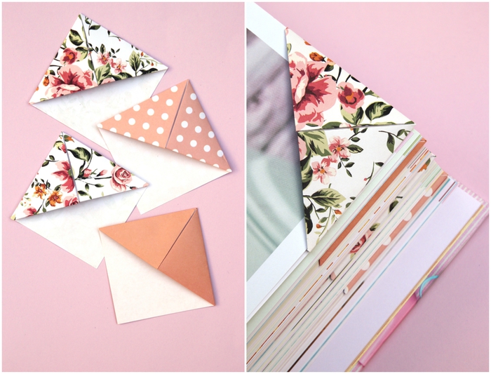 idée pour un joli accessoire de lecture en papier, un marque-page origami facile réalisé en joli papier aux motifs vintage imprimés