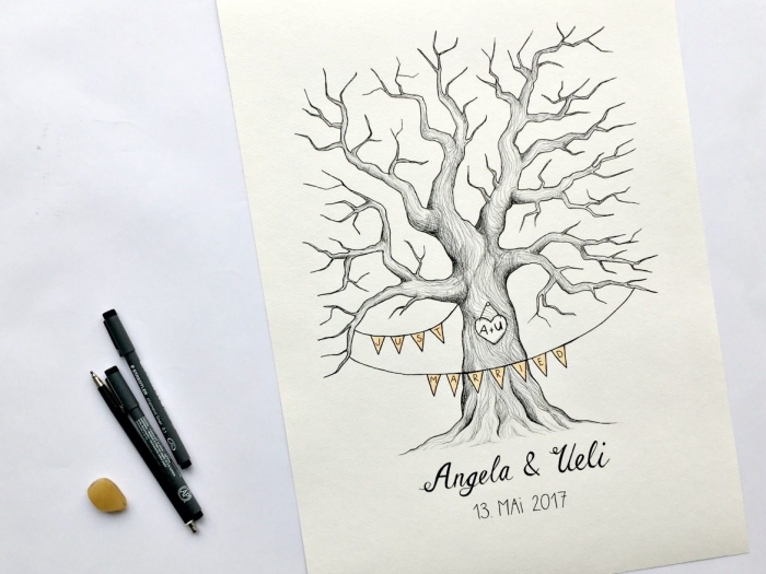 apprendre à dessiner un arbre facile sans feuillage avec un signe sur le tronc et guirlande décorative en papier coloré