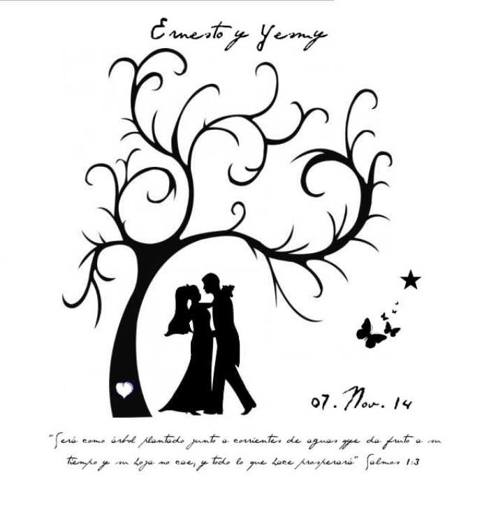 exemple pour un arbre empreinte mariage avec citation inspirante et date du mariage au-dessus du dessin à design couple jeunes mariés