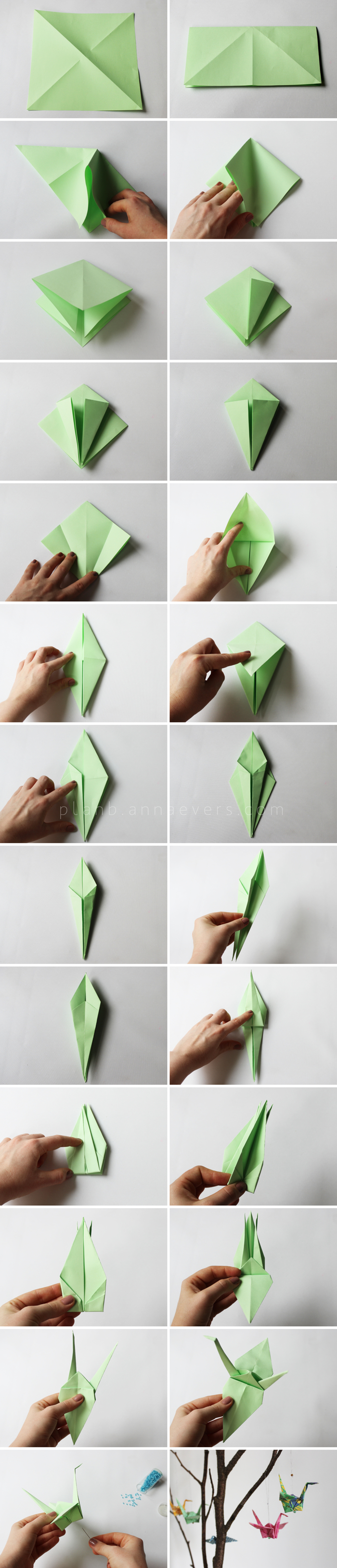 instructions de pliage origami d une grue en papier pour réaliser une jolie suspension origami