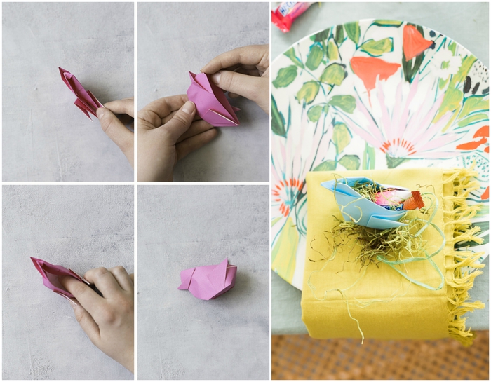 un joli modèle d'origami oiseau facile que vous pouvez utiliser pour la déco de pâques, idée de bricolage de printemps en origami