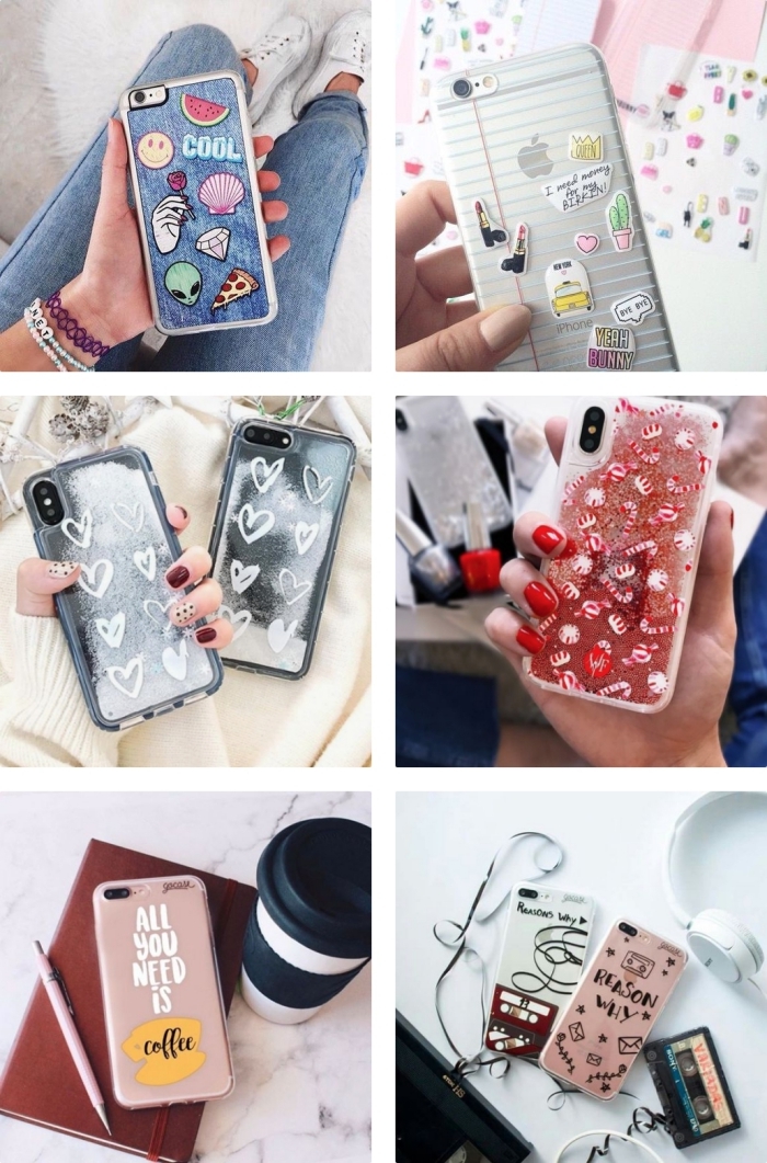 exemples de portables personnalisés avec coques transparentes décorées en stickers autocollants ou vernis à ongles, personnaliser sa coque