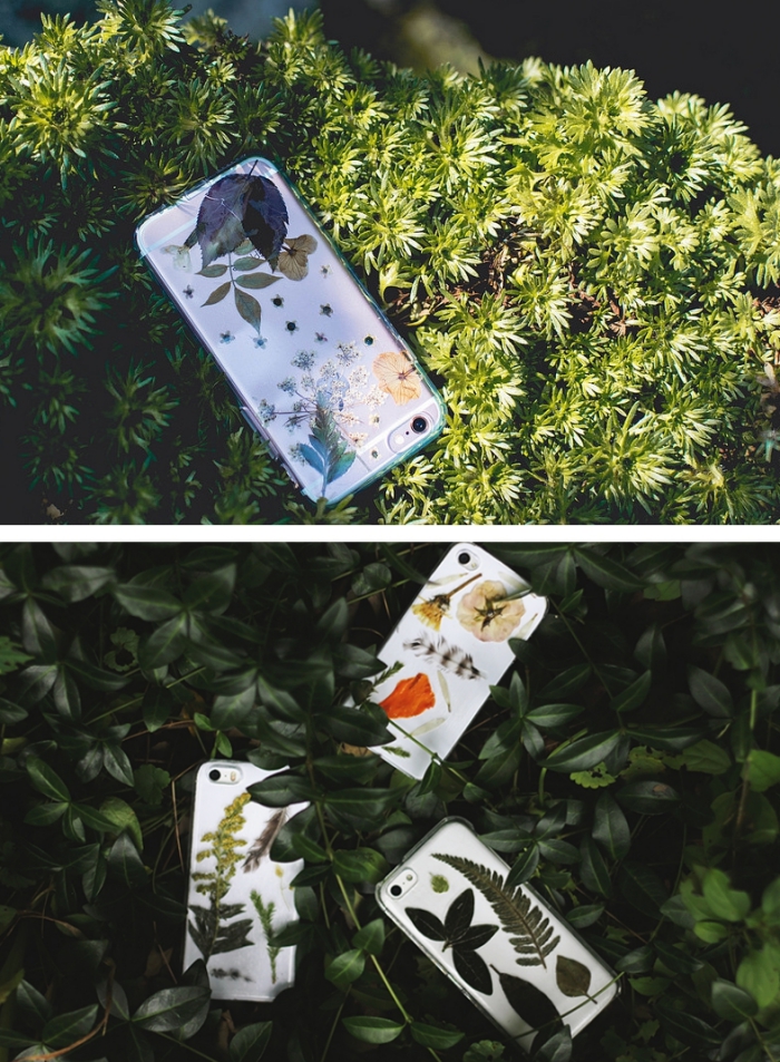 activité manuelle découpage avec fleurs et feuilles vertes séchées collées sur une coque de portable blanche
