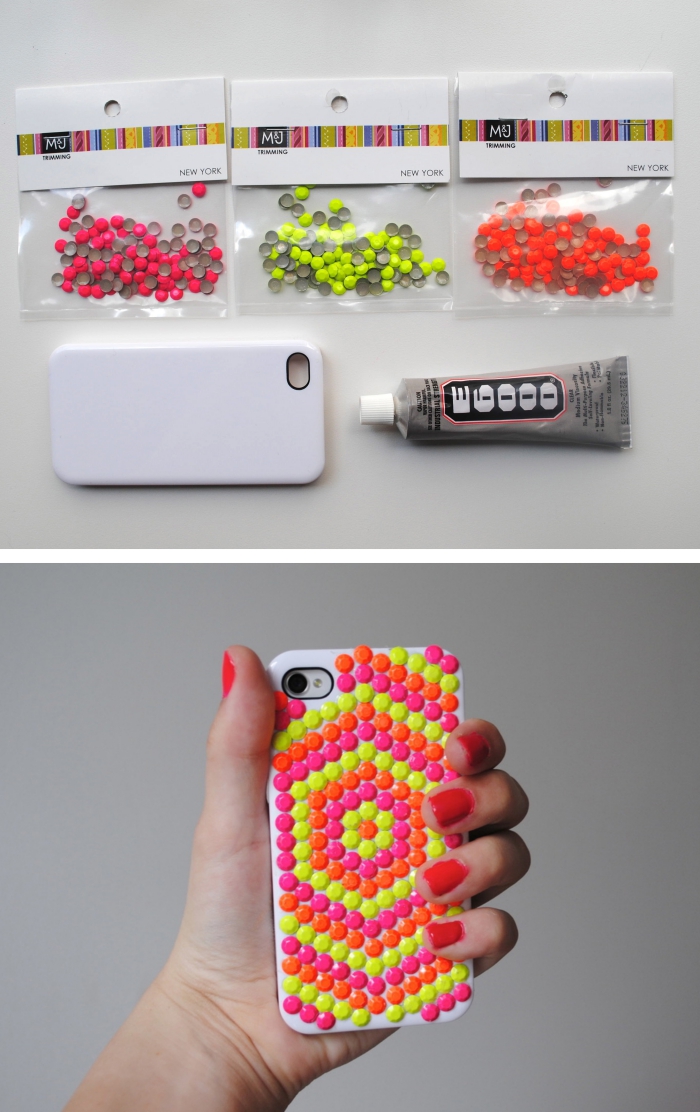 matériaux pour faire une décoration facile en couleurs vives sur une coque de téléphone blanche avec strass et colle
