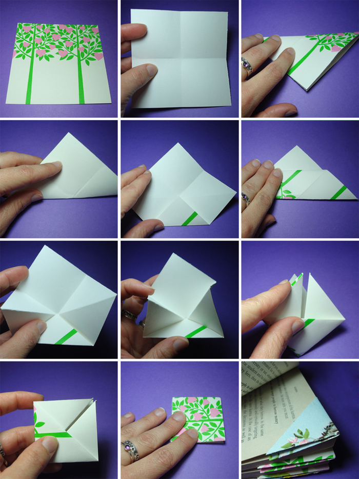 pliage papier facile pour réaliser un simple marque-page origami en papier imprimé au motif végétal, bricolage origami pour la rentrée