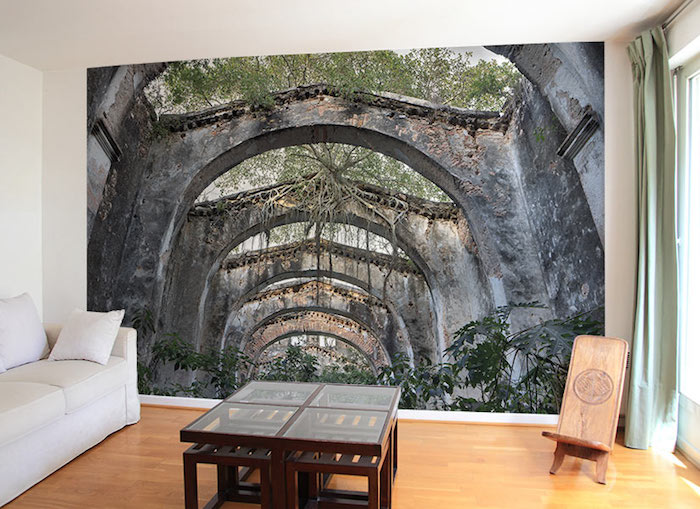 grande tapisserie trompe l'oeil pour salon, exemple photo géante murale nature pour décoration