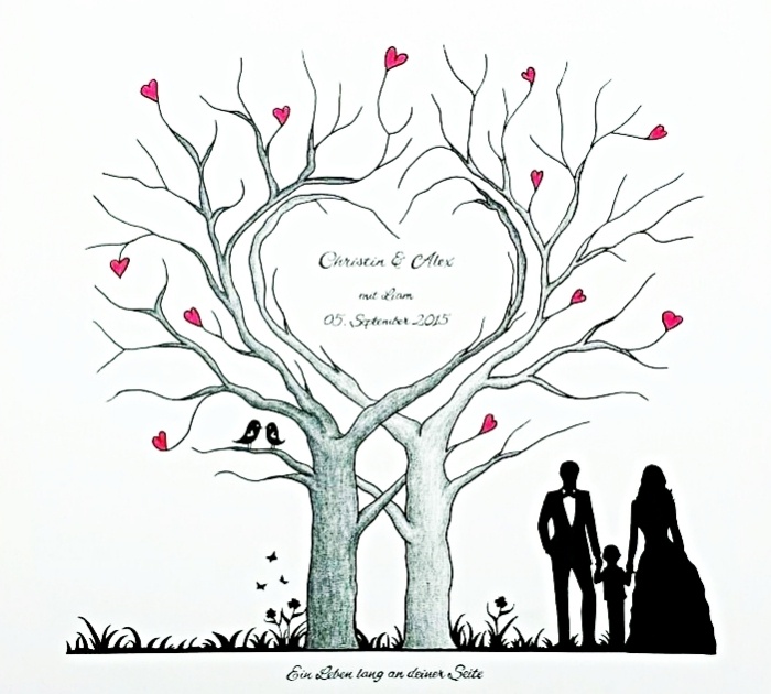 idée scrapbooking avec un poster pour couple amoureux à dessin en design arbre aux branches en forme de coeur