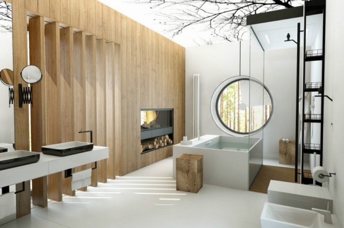 ambiance salle de bain zen avec décoration de plafond à dessin arbre, mur avec colonnes de bois et cheminée noire mate