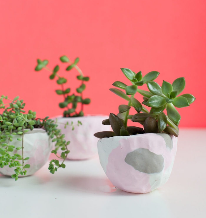 petits pots de fleurs en pate fimo à couleurs diverses avec des plantes vertes à l intérieur, idée d activité manuelle