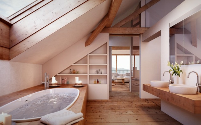 salle de bain mansardée, baignoire encastrée, grande fenetre au plafond, comptoir en bois