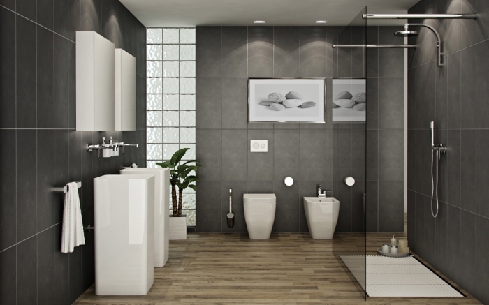 idee deco salle de bain en blanc et gris anthracite avec plancher à imitation bois clair et cabine de douche en verre