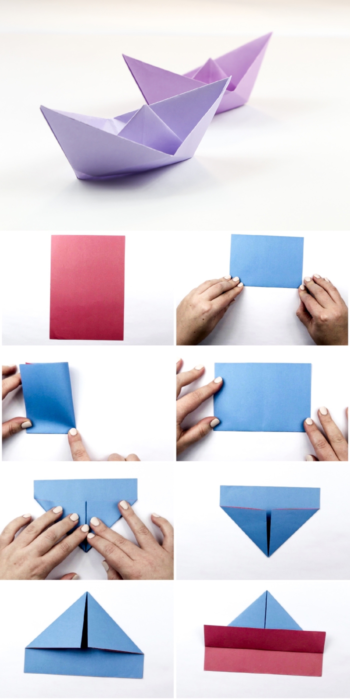 modèle de bateau facile à réaliser avec les étapes du pliage papier facile, pliage papier pour apprendre l'art origami, comment faire un bateau en papier