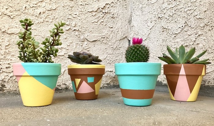 diy pot de fleur, activiter manuelle avec des pots décorés à motifs géométriques, succulents et cactus