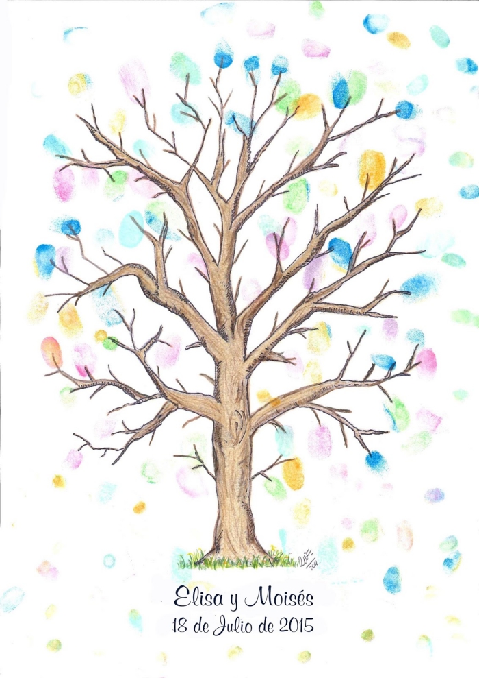 arbre à empreintes colorées de nuances variées avec un signe des prénoms de jeunes mariés et la date de leur mariage
