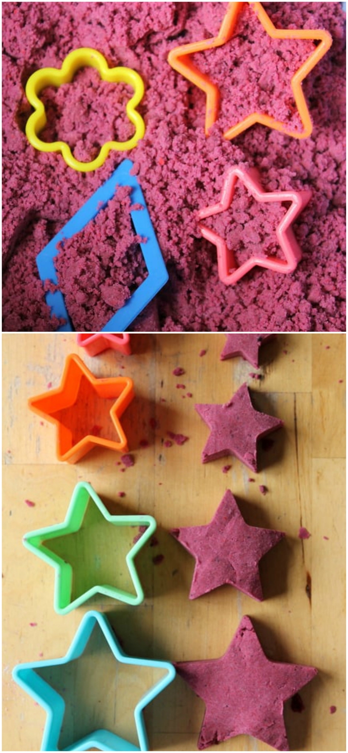 recette de sable à modeler à préparer ensemble avec les enfants, superbe idée pour une activité sensorielle peu coûteuse de modelage