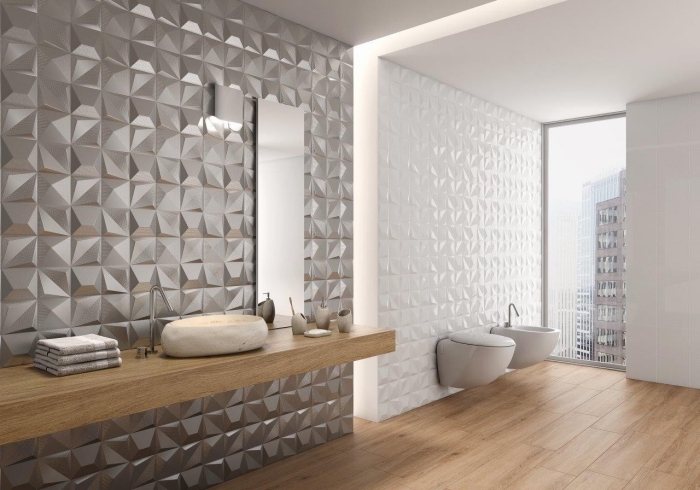aménagement minimaliste de la salle de bain en blanc et bois, modèle de revêtement mural à design géométrique gris et blanc
