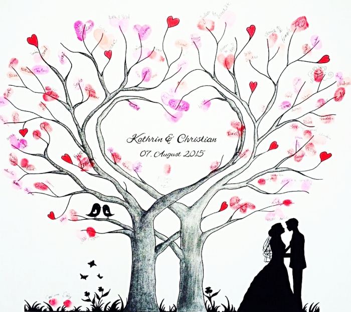 tampon encreur mariage à utiliser pour décorer la toile blanche avec dessin à design arbre et couple de jeunes mariés