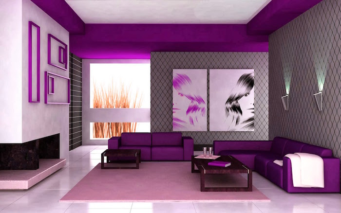 image salon moderne rose, aménagement sejour contemporain gris et violet
