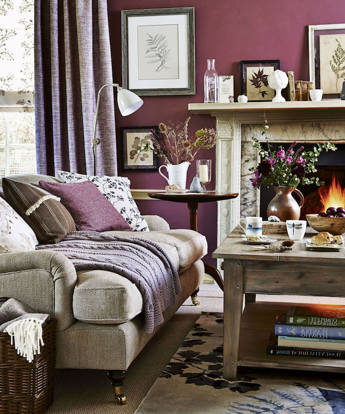 décorer salon vintage cosy, séjour rustique avec mur couleur prune et table en bois