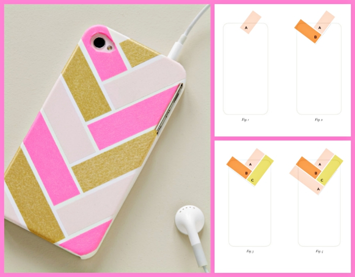 tutoriel facile pour personnaliser coque iphone 6 en suivant la schème et avec trois vernis à ongles de couleurs rose pastel rose bonbon et or