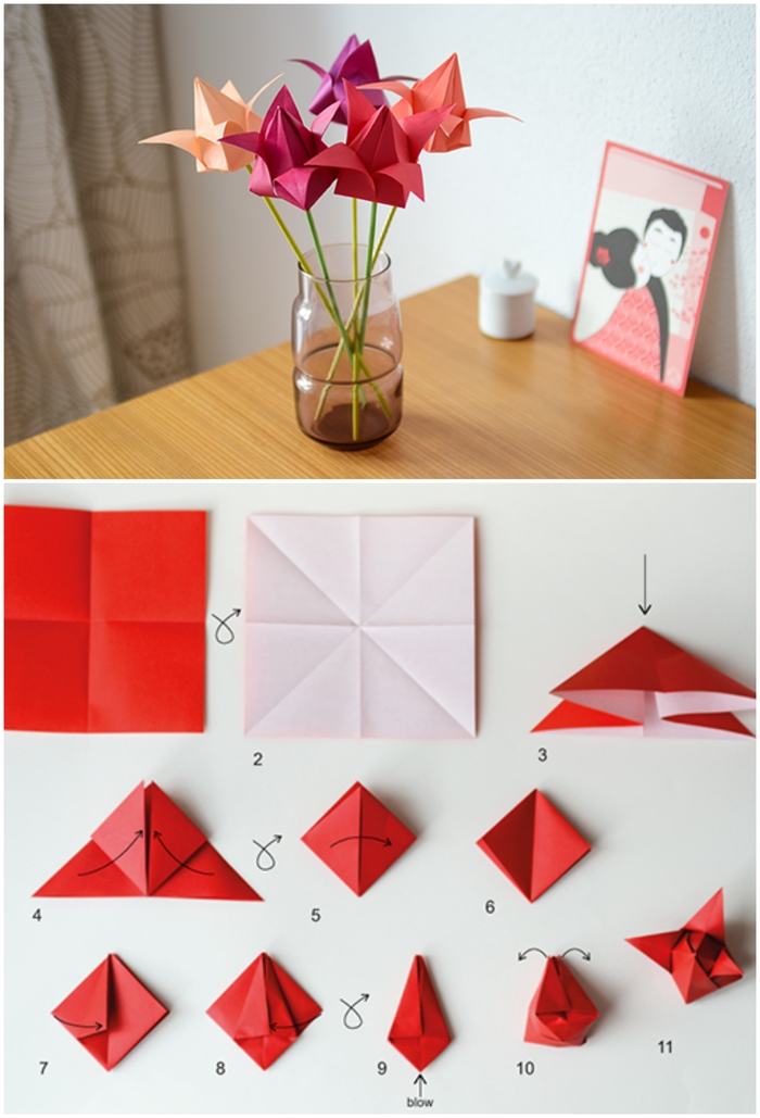 idée pour un bricolage de printemps facile pour réaliser une déco créative en origami, joli bouquet de tulipes en origami, comment faire une fleur en papier origami