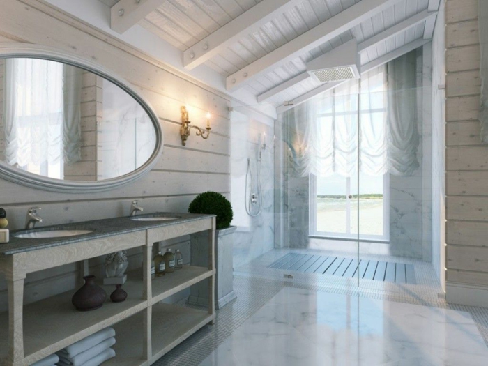 jolie salle d'eau avec lambris mural clair, meuble vasque avec rangement, cabine de douche sous pente
