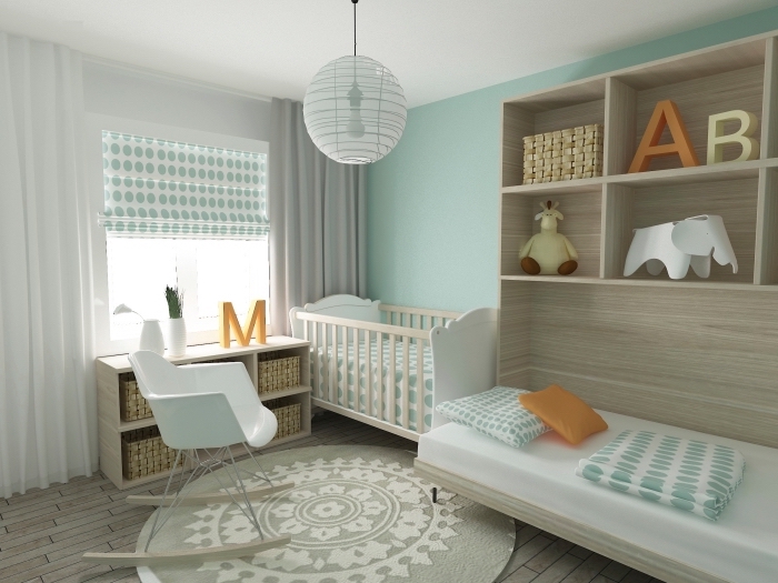 lit avec cadre et rangement de bois clair, chambre bebe complete avec meubles de bois clair et peinture murale vert pastel