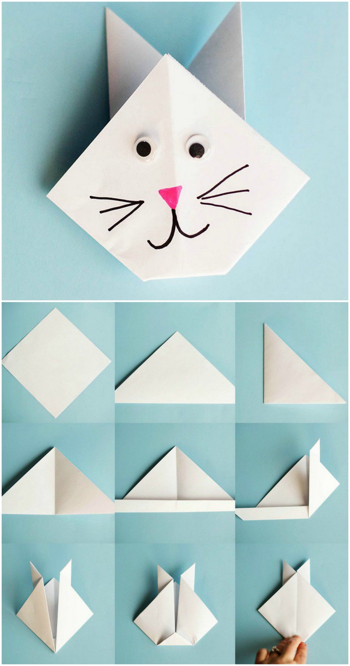 comment faire des animaux en papier, idée pour un modèle d'origami chat ultra facile à réaliser avec vos enfants