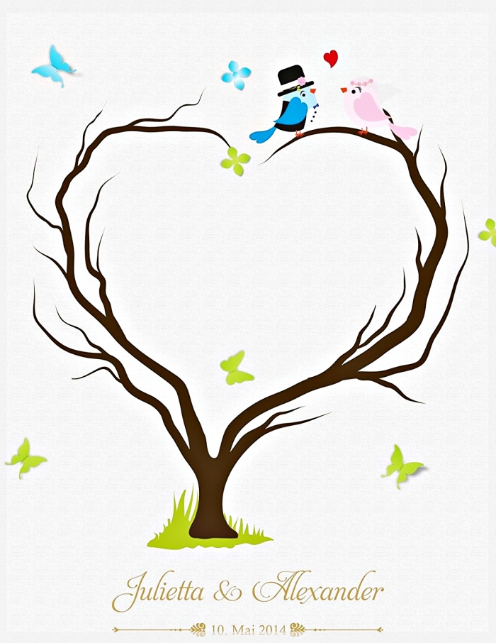 couple d'oiseaux amoureux et un arbre avec branches en forme de coeur comme symbole d'amour éternel 