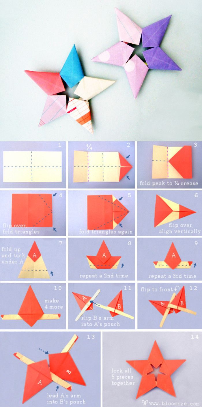 modele origami étoile originale multicolore, fiche de pliage pour réaliser un joli modèle d'origami avec les étapes en photos