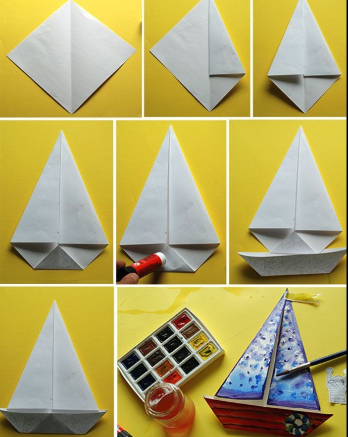 comment faire un bateau origami décoré à l aquarelle, pliage facile expliquée étape par étape
